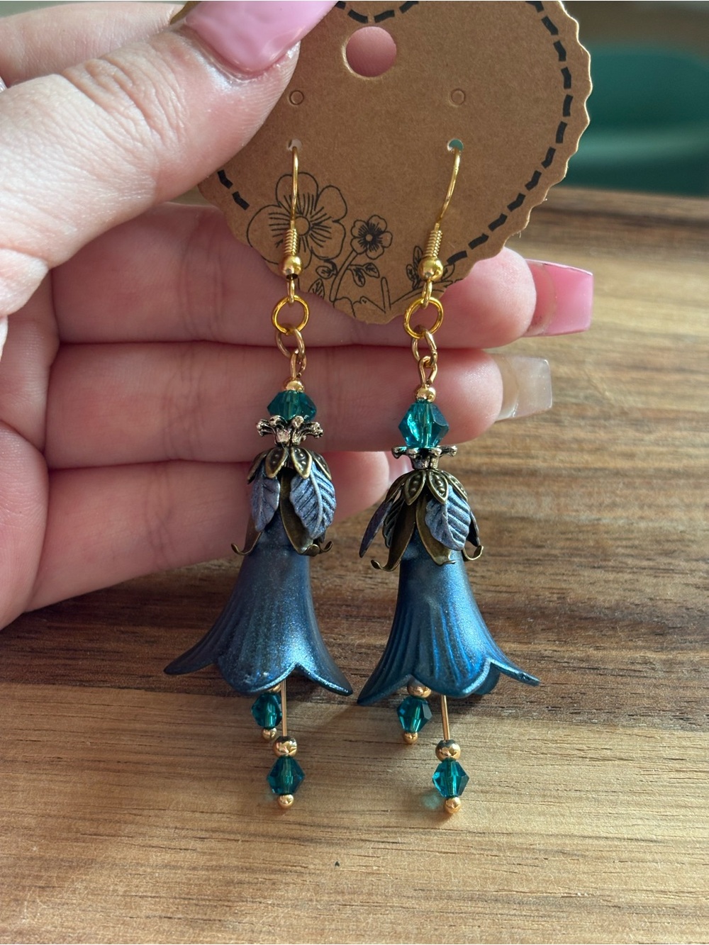 Handmade Gold-Tone Teal Floral Drop Earrings